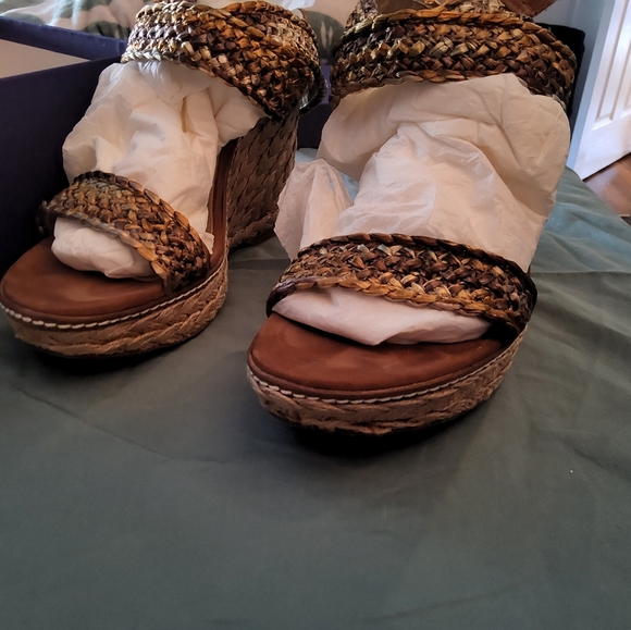 Stuart Weitzman Alex Wedge Platform Sandal 8.5 Gilt African Raffia - Picture 6 of 8